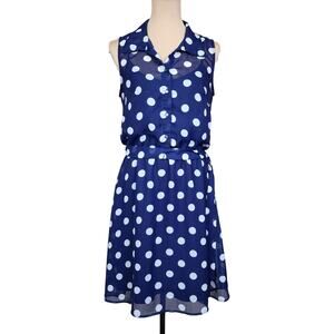 Emma & Michelle Size 10 Blue White Polka Dot Midi Collared Dress